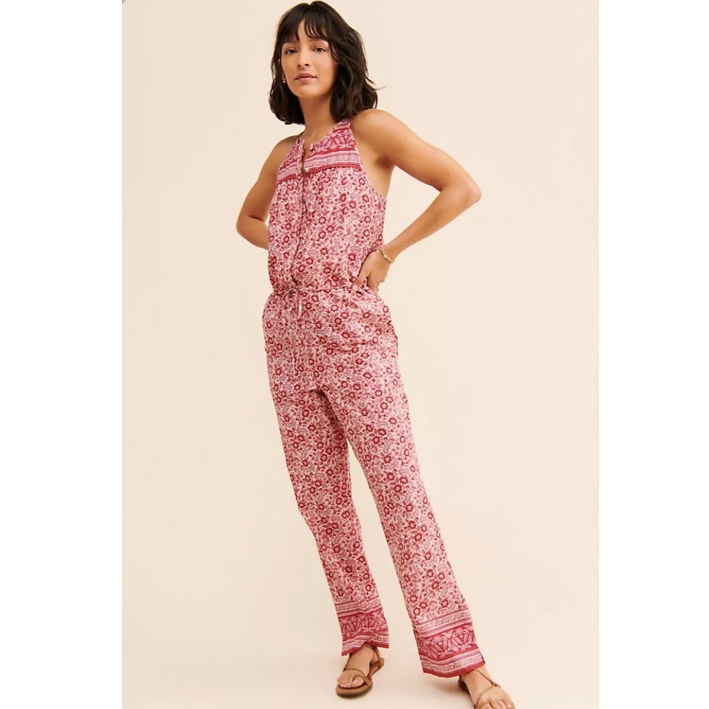 Faherty Adella Floral Organic Cotton Jumpsuit in Pink Size Medium